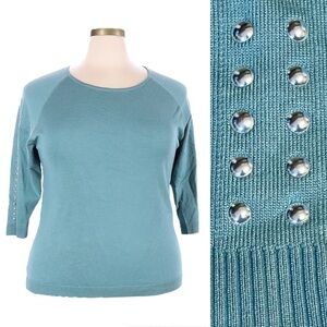 Zac & Rachel Woman Teal Seabed Studded 3/4 Sleeve Knit Sweater Size 3X NWT